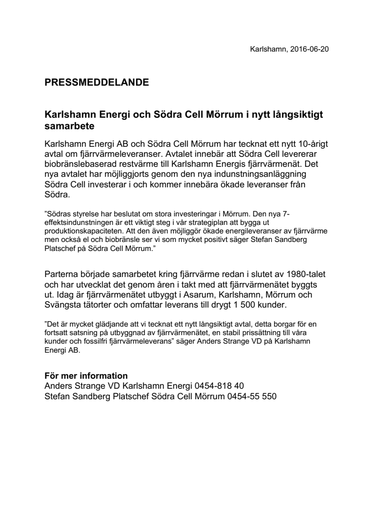 Karlshamn Energi och Södra Cell Mörrum i nytt långsiktigt samarbete.