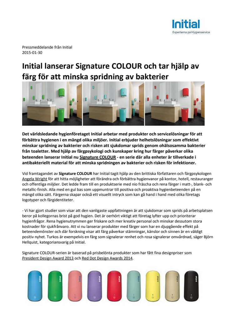 Initial lanserar Signature COLOUR och tar hjälp av färg för att minska spridning av bakterier 