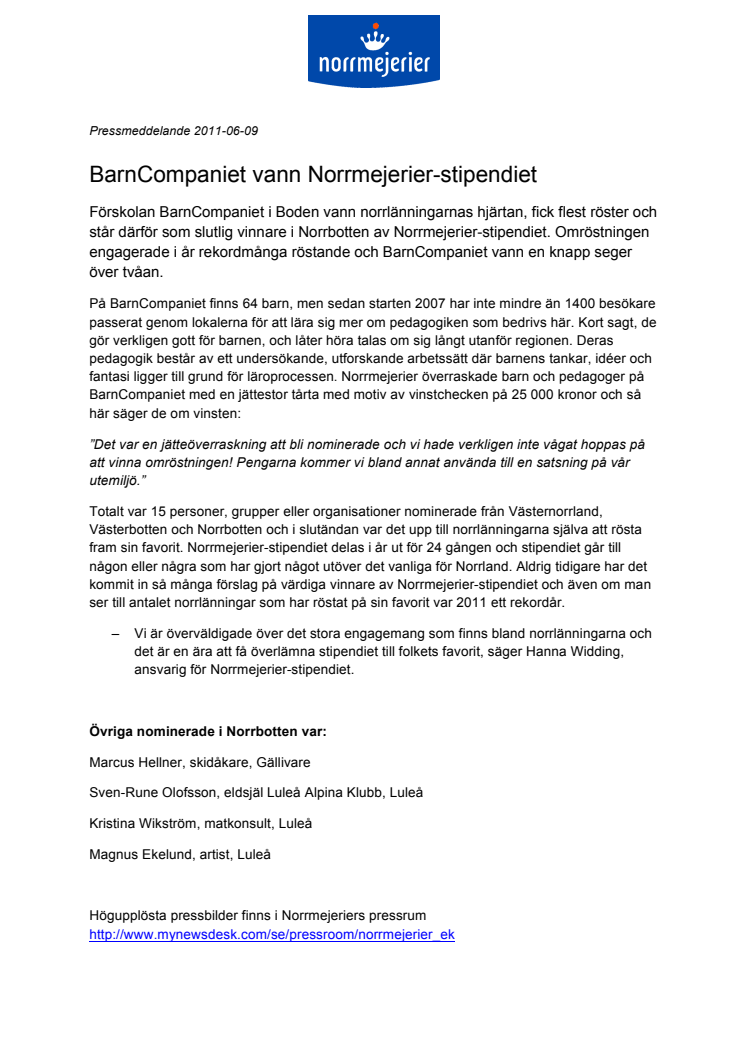 BarnCompaniet vann Norrmejerier-stipendiet 