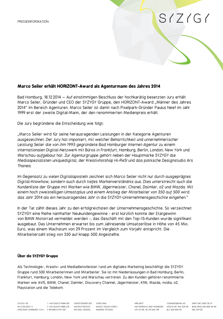 Marco Seiler erhält HORIZONT-Award als Agenturmann des Jahres 2014 