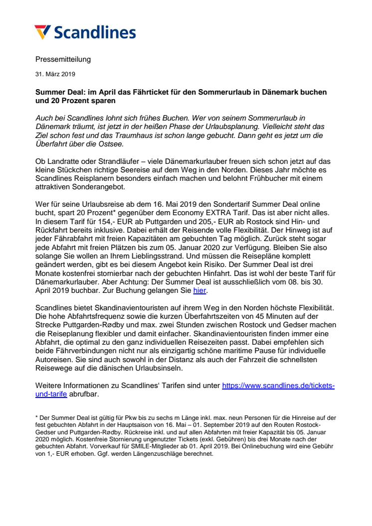 Summer Deal: im April das Fährticket für den Sommerurlaub in Dänemark buchen und 20 Prozent sparen