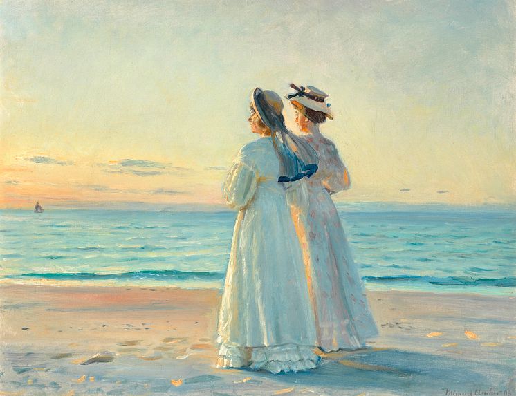 Michael Ancher- To kvinder i solnedgangen på Skagen Strand, 1908. Signeret. Olie på lærred. 55 × 65 cm. Vurdering- 4.000.000-5.000.000 kr.