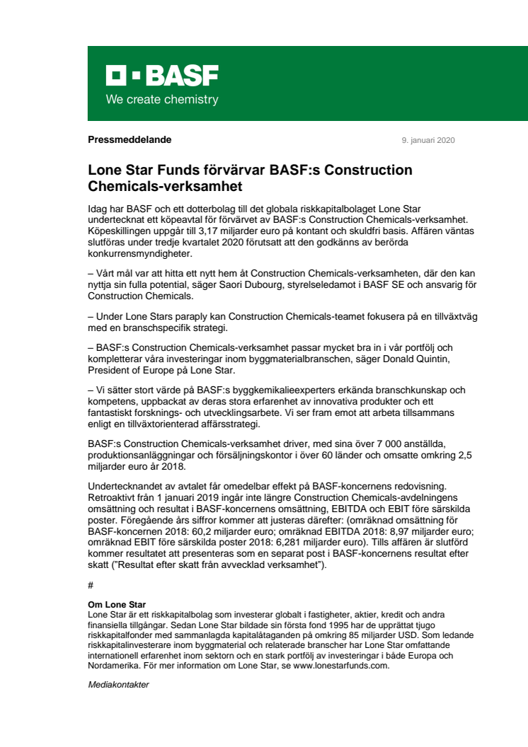 Lone Star Funds förvärvar BASF:s Construction Chemicals-verksamhet