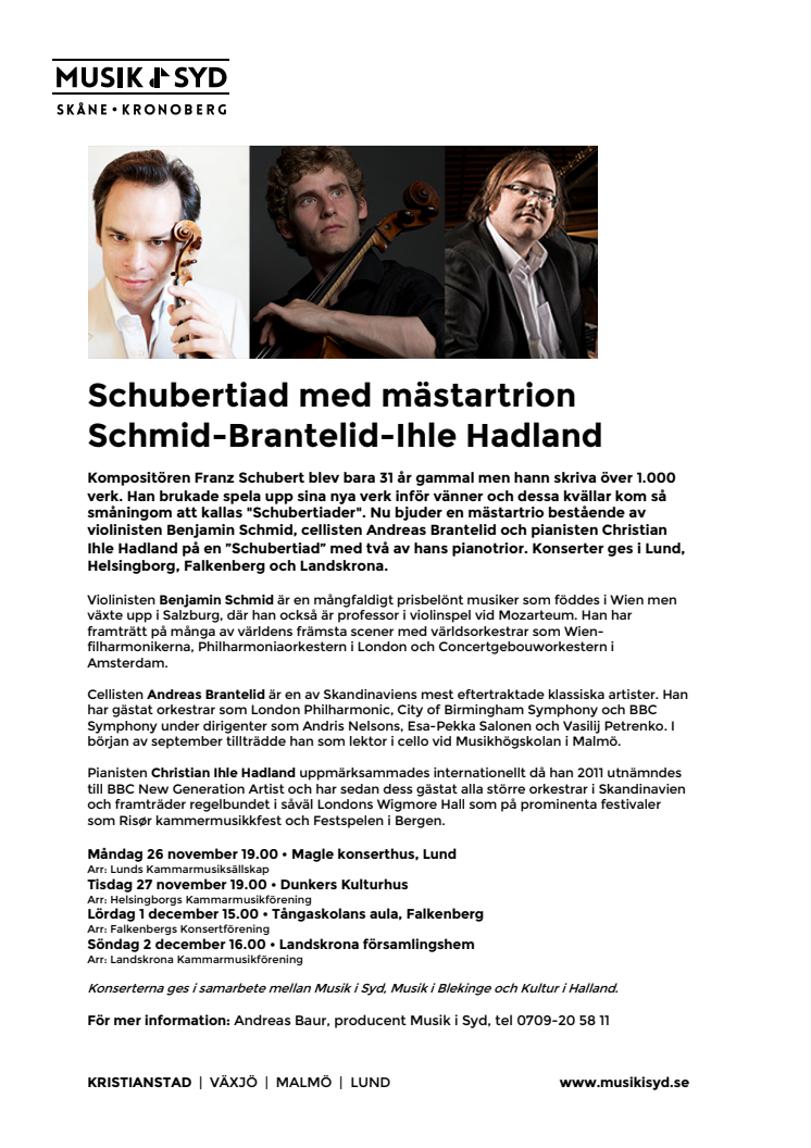 Schubertiad med mästartrion Schmid-Brantelid-Ihle Hadland