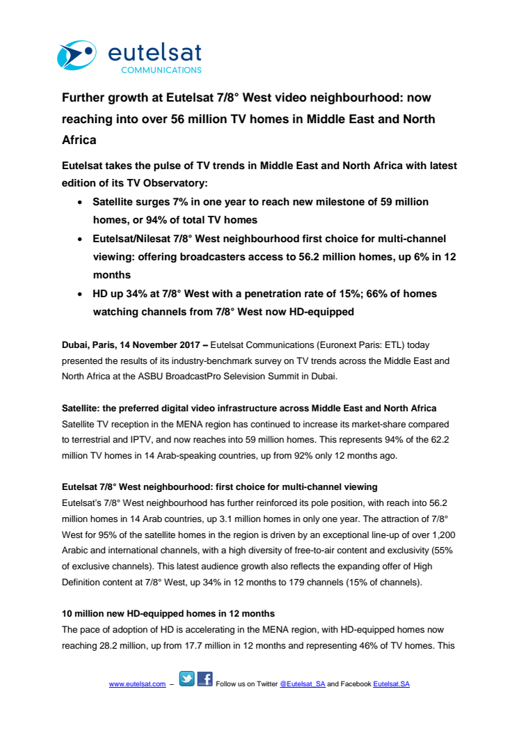 Further growth at Eutelsat 7/8° West video neighbourhood: now reaching into over 56 million TV homes in Middle East and North Africa