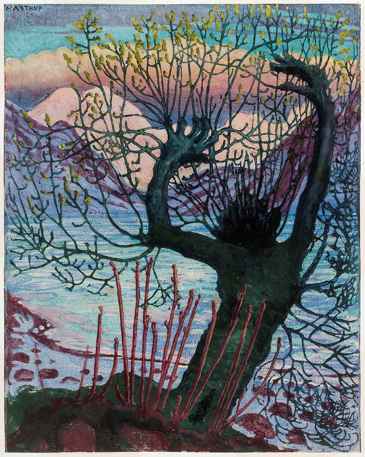 Nikolai Astrup, Vårnatt och sälgträd, 1917-1920. Färgträsnitt 35.2 × 27.9 cm. KODE Kunstmuseer og komponisthjem, Bergen och Sparebankstiftelsen DNB, Oslo. 