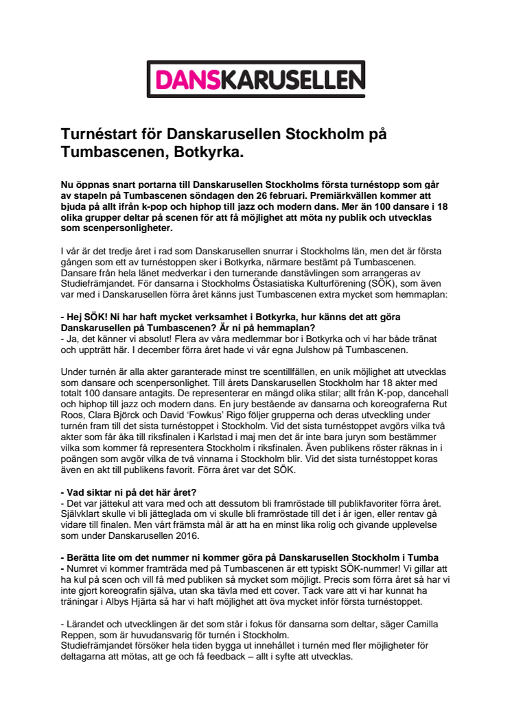 Turnéstart för Danskarusellen Stockholm på Tumbascenen, Botkyrka. 