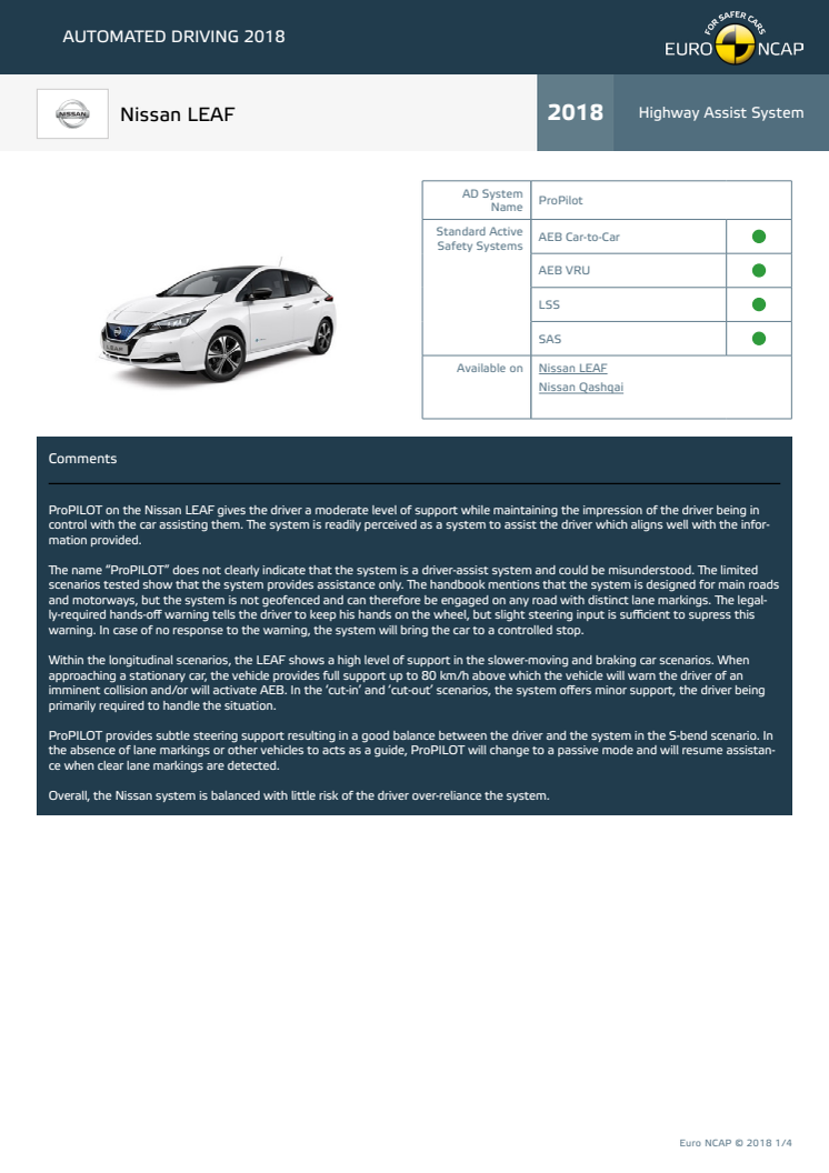 Automated Driving 2018 - Nissan LEAF datasheet - October 2018
