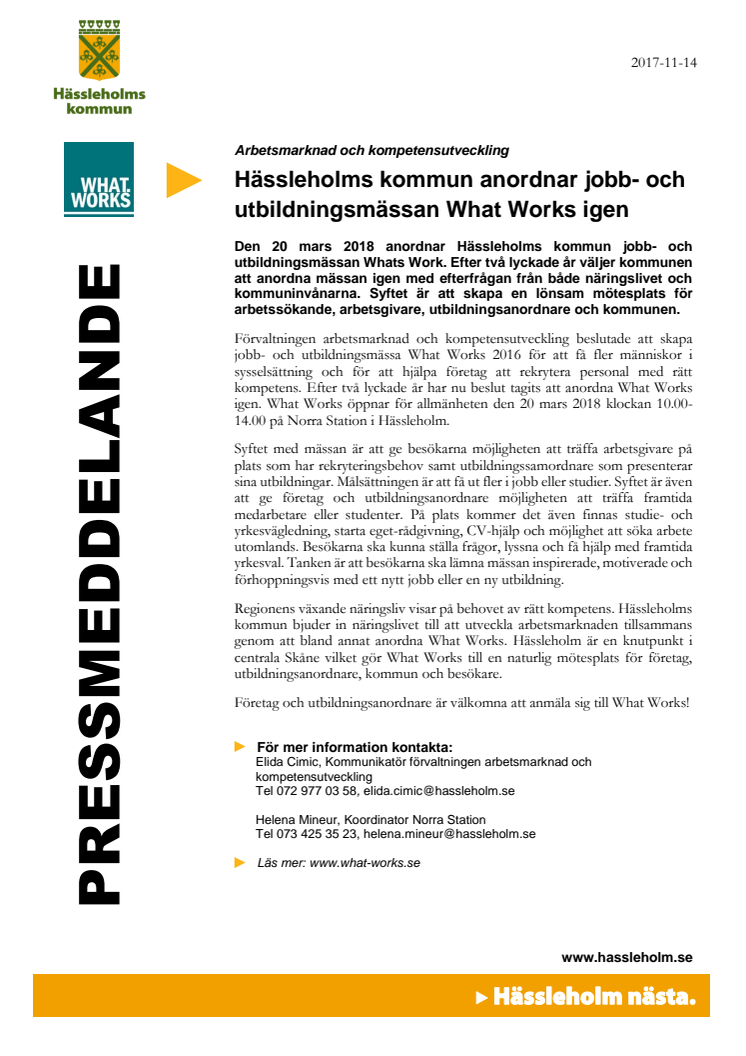 Hässleholms kommun anordnar jobb- och utbildningsmässan What Works igen