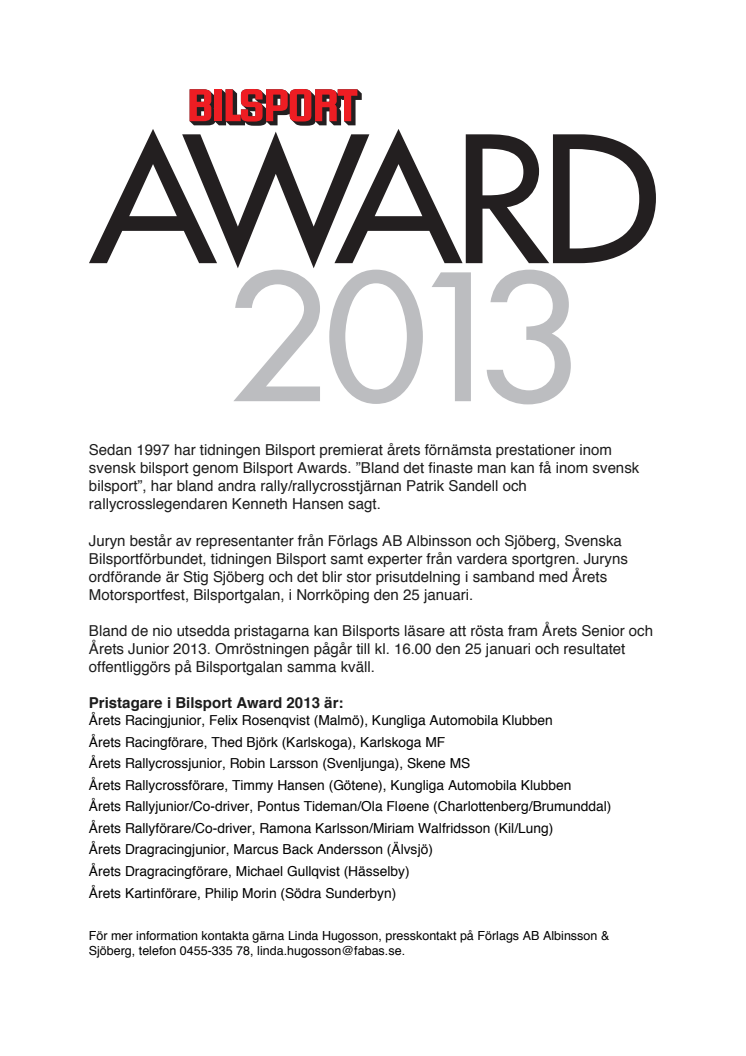 Pristagare i Bilsport Award 2013