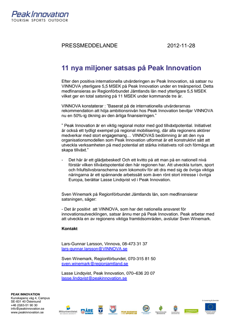 11 nya miljoner satsas på Peak Innovation
