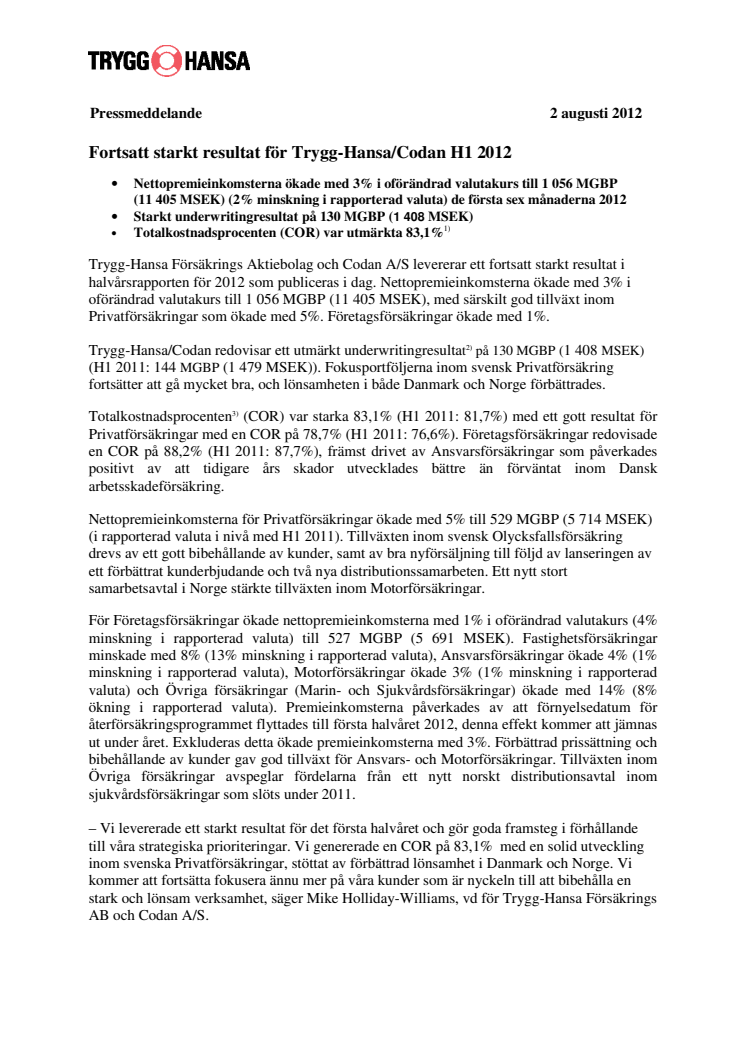 Fortsatt starkt resultat för Trygg-Hansa/Codan H1 2012 