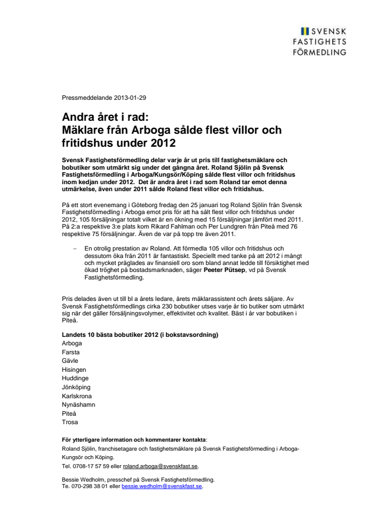 Andra året i rad: Mäklare från Arboga sålde flest villor och fritidshus under 2012