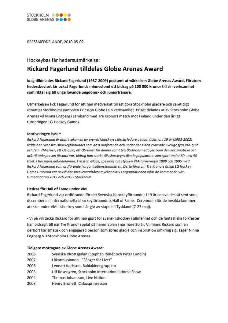 Rickard Fagerlund tilldelas Globe Arenas Award