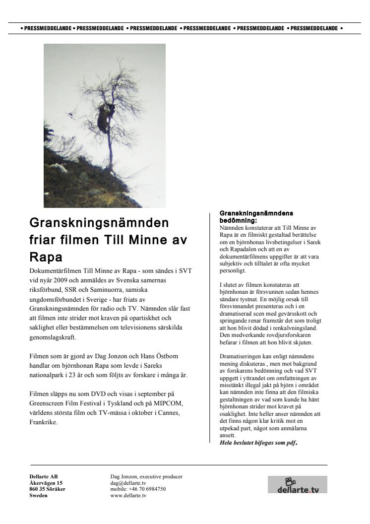 SVT-dokumentären om Sarekbjörnen Rapa friad av Granskningsnämnden