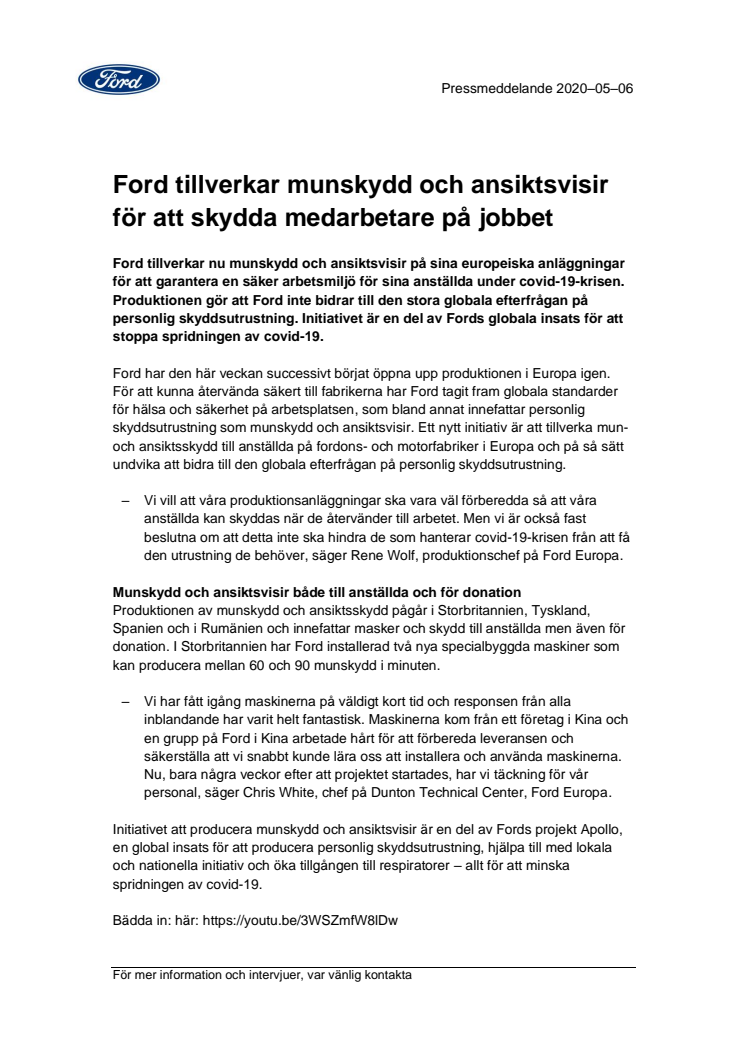 Ford tillverkar munskydd och ansiktsvisir för att skydda medarbetare på jobbet