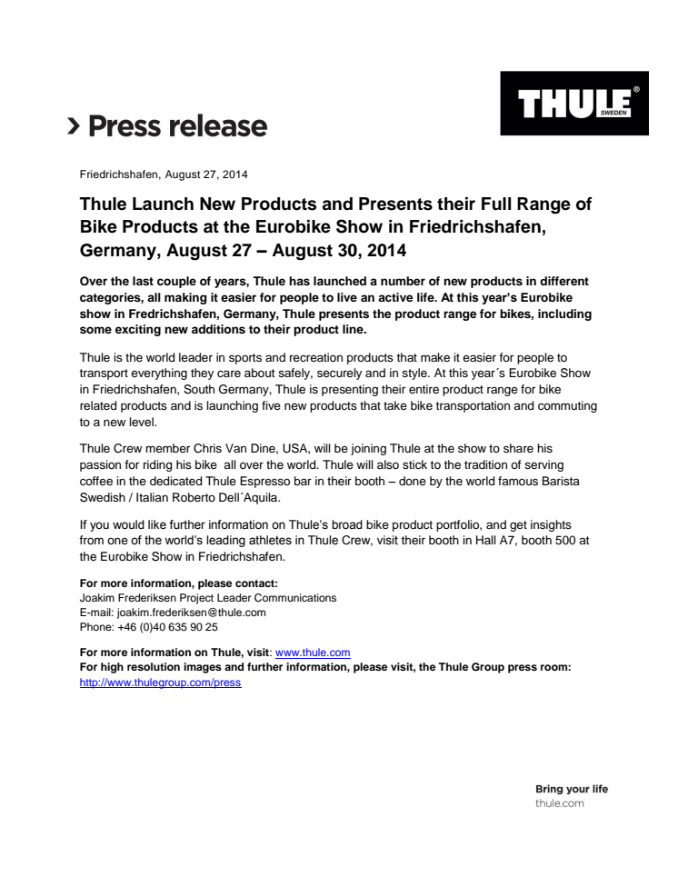 Thule Launch New Products and Presents their Full Range of Bike Products at the Eurobike Show in Friedrichshafen, Germany, August 27 – August 30, 2014