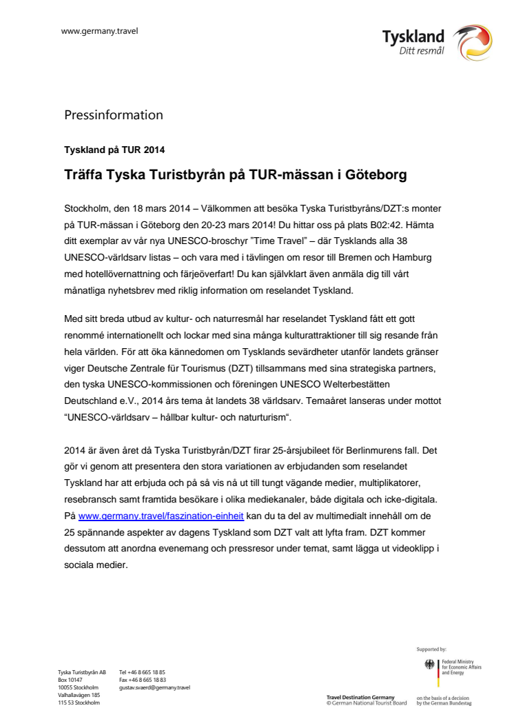 Träffa Tyska Turistbyrån på TUR-mässan i Göteborg