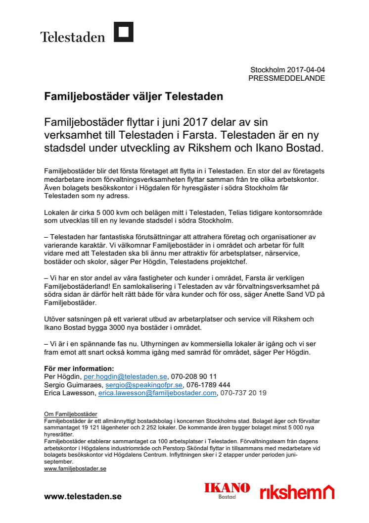 ​Familjebostäder väljer Telestaden