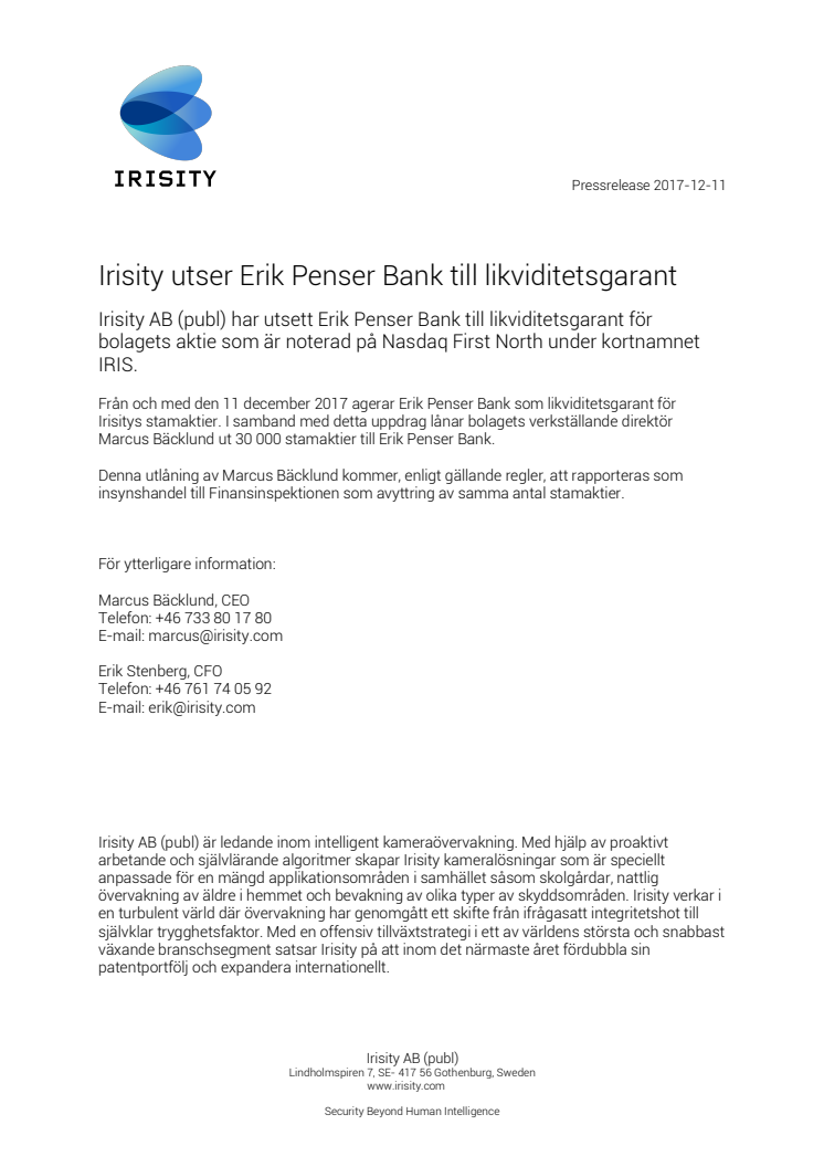 Irisity utser Erik Penser Bank till likviditetsgarant