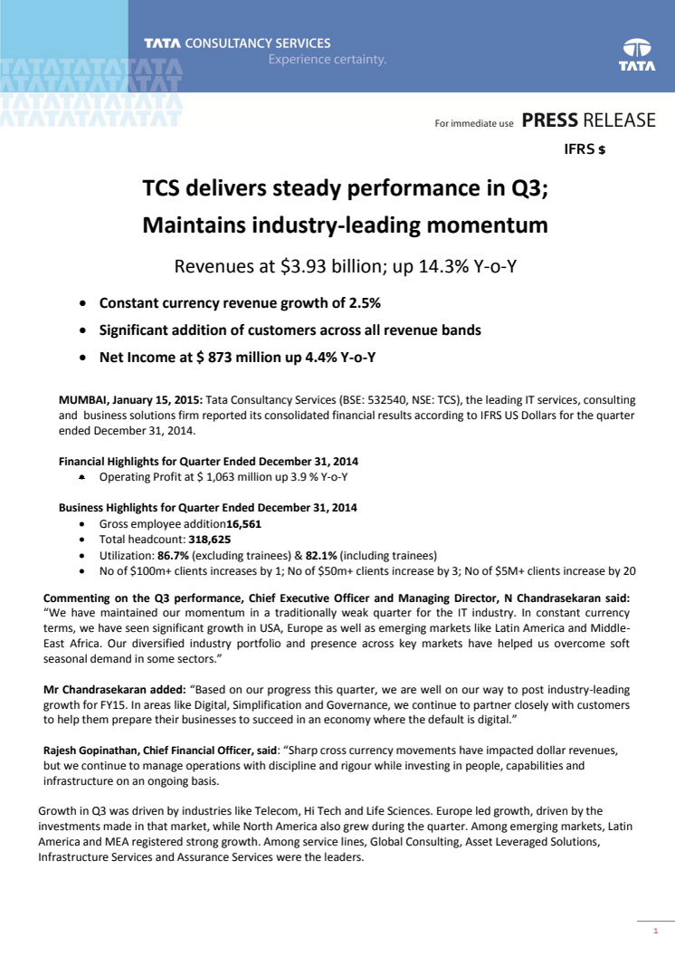 TCS behåller tillväxttakt under tredje kvartalet