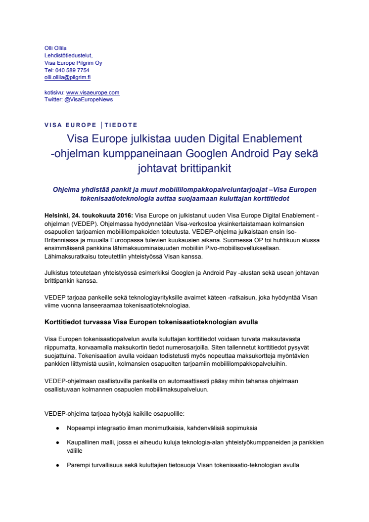 Visa Europe julkistaa uuden Digital Enablement  -ohjelman kumppaneinaan Googlen Android Pay sekä johtavat brittipankit