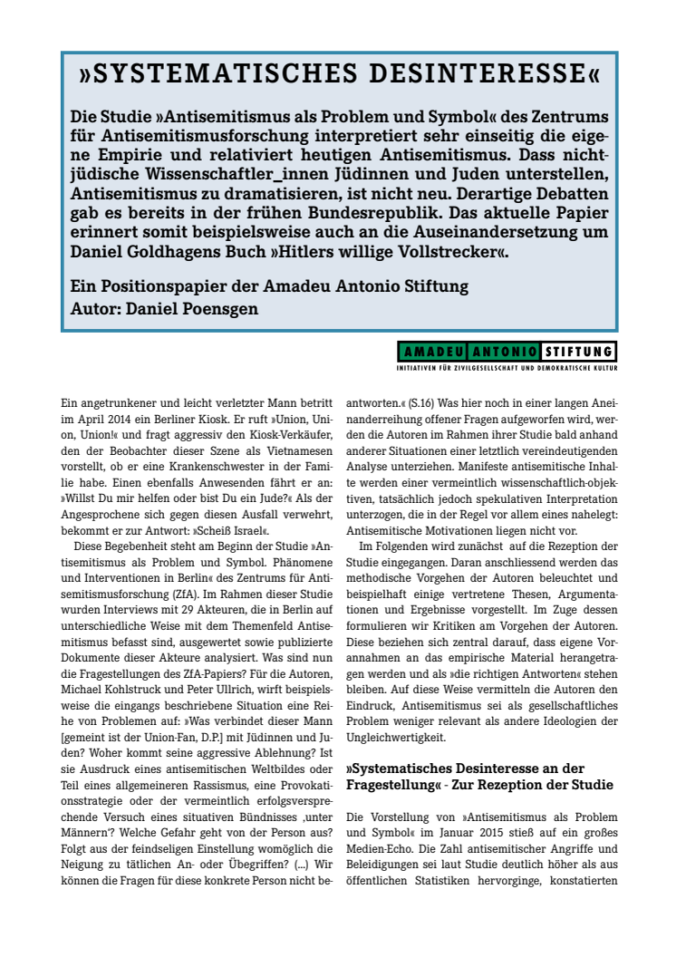 "Systematisches Desinteresse": Positionspapier zur Studie "Antisemitismus als Problem und Symbol" des Zentrums für Antisemitismusfroschung