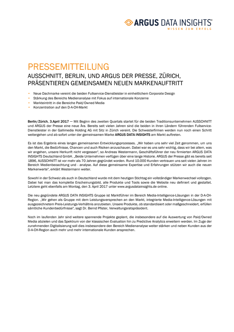 AUSSCHNITT, BERLIN, UND ARGUS DER PRESSE, ZÜRICH,  PRÄSENTIEREN GEMEINSAMEN NEUEN MARKENAUFTRITT