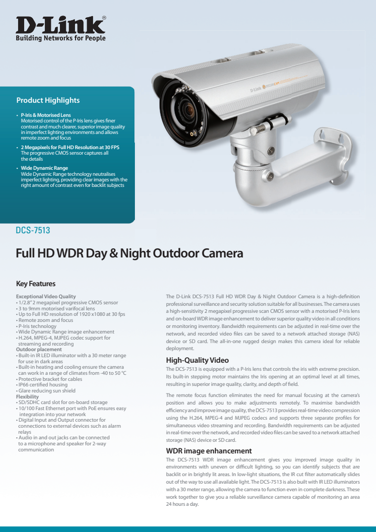 Produktblad, DCS-7513  Full HD WDR Day & Night Outdoor Camera 