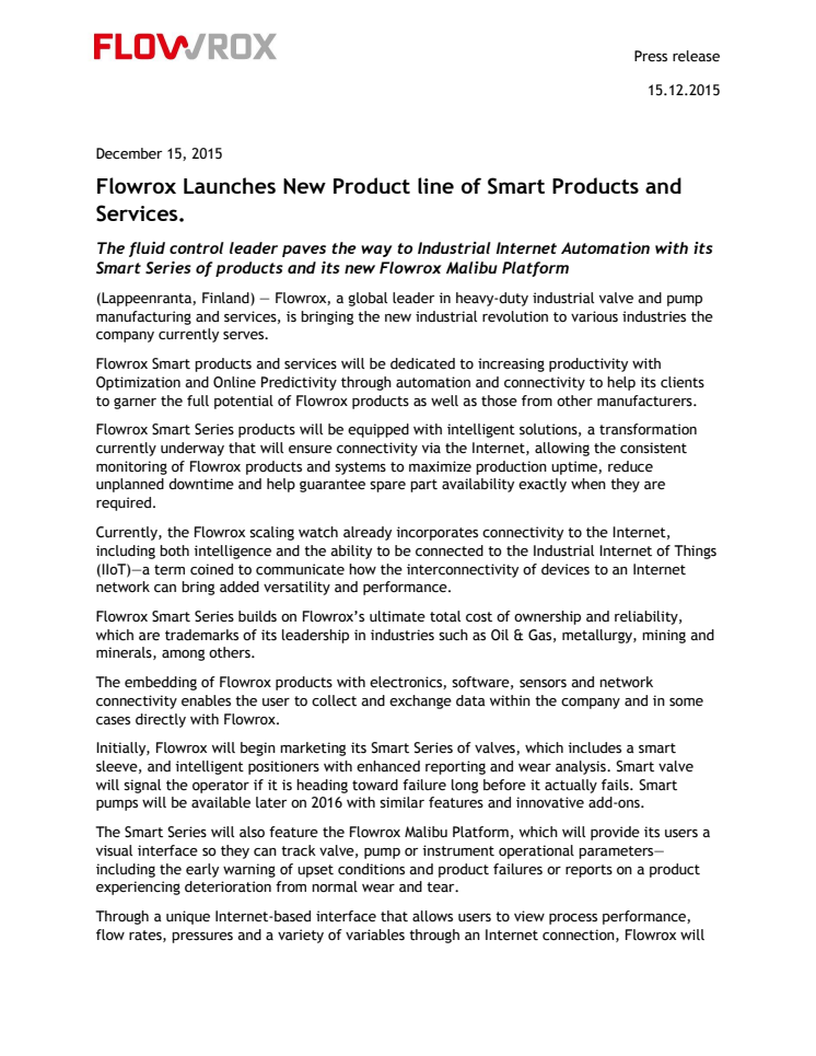 Flowrox Launches a New Product Line of Smart Products and Services