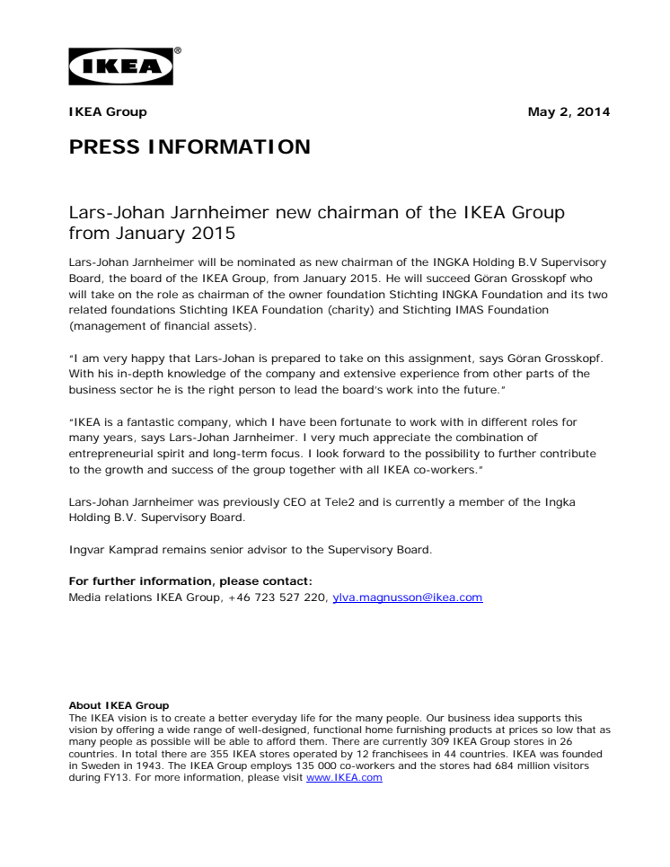 Press info in English - Lars-Johan Jarnheimer new chairman of the IKEA Group from January 2015