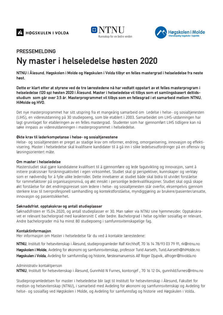 Ny master i helseledelse høsten 2020