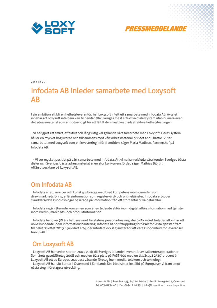 Infodata AB inleder samarbete med Loxysoft AB