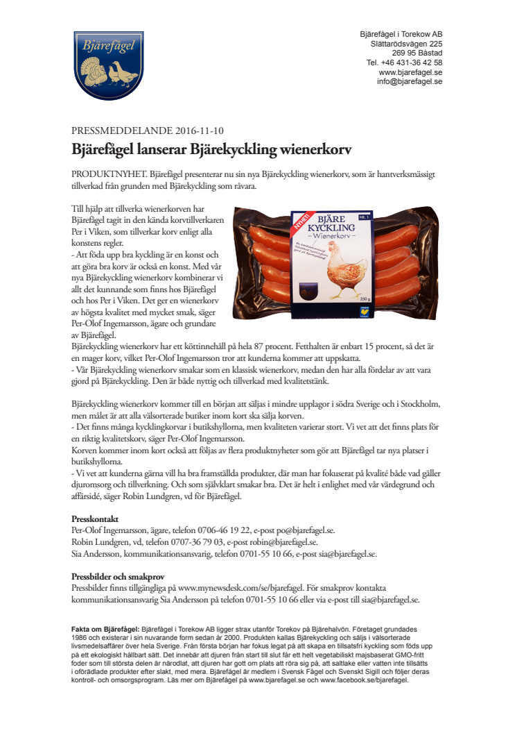 Bjärefågel lanserar Bjärekyckling wienerkorv