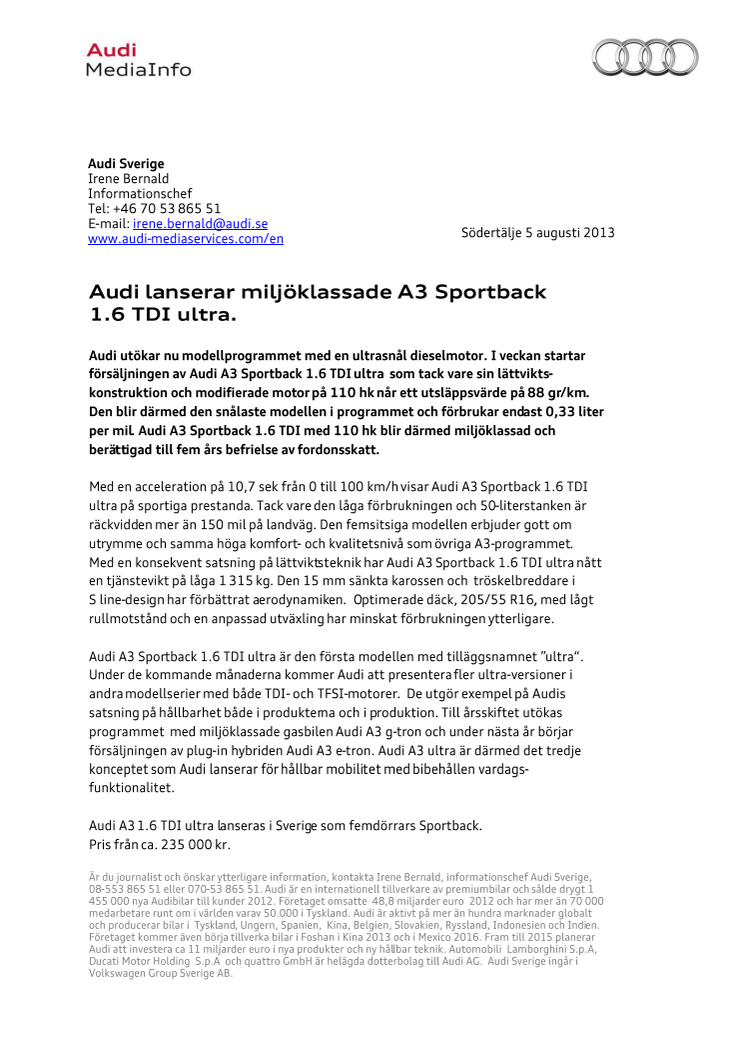 Audi lanserar miljöklassade A3 Sportback 1.6 TDI ultra. 