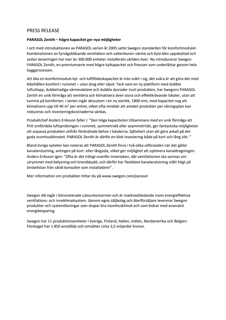 PARASOL Zenith – högre kapacitet ger nya möjligheter
