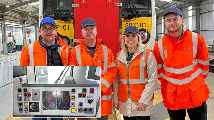 Main image GTR and Alstom engineers in front of 'first-in-class' Class 387