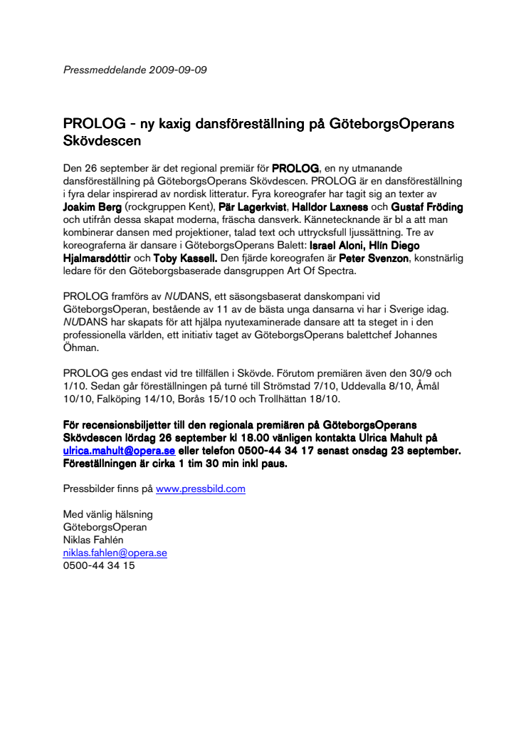 PROLOG - ny kaxig dansföreställning på GöteborgsOperans Skövdescen 