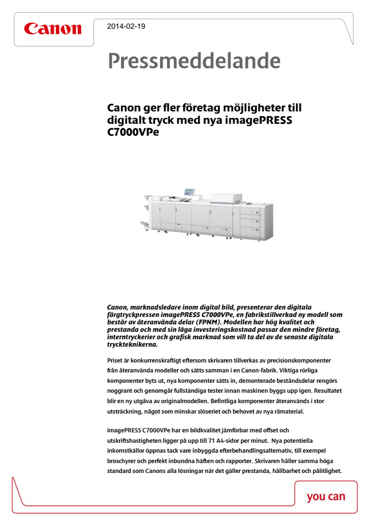 Canon ger fler företag möjligheter till digitalt tryck med nya imagePRESS C7000VPe