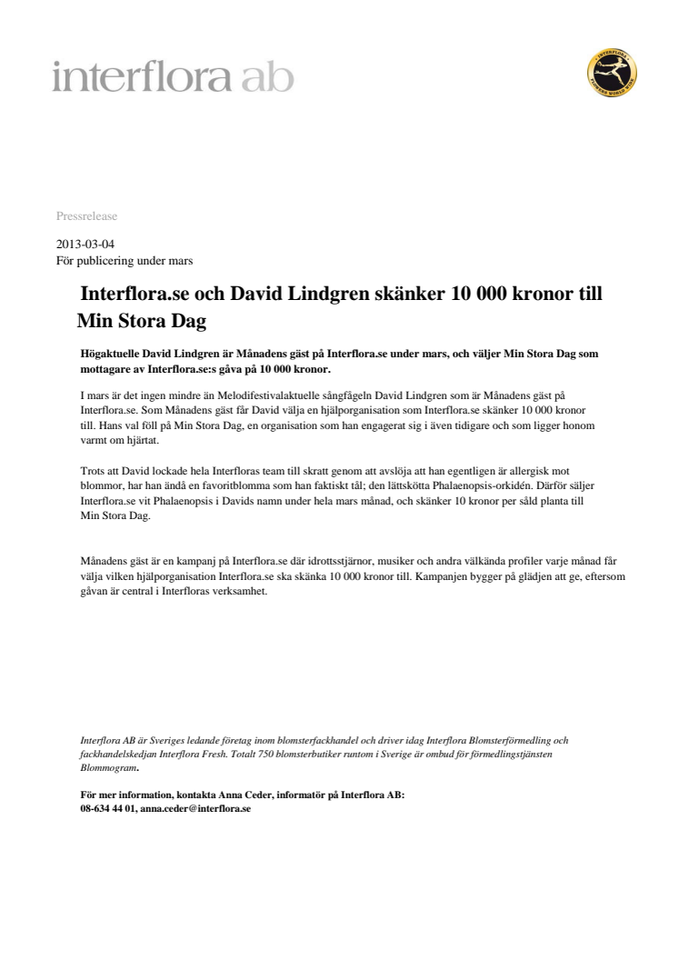 Interflora.se och David Lindgren skänker 10 000 kronor till Min Stora Dag