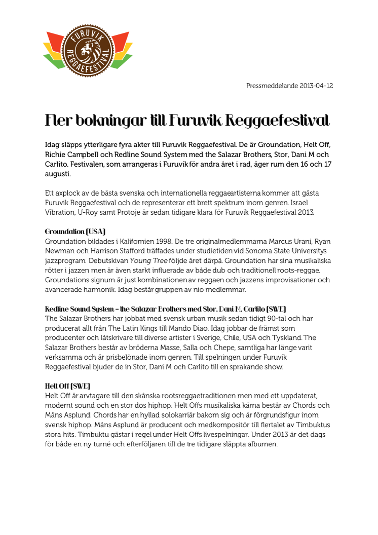 Fler bokningar till Furuvik Reggaefestival