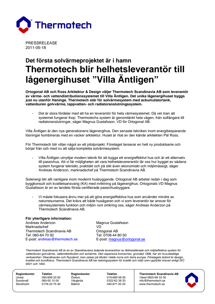 Första solvärmeprojketet i hamn - Thermotech blir helhetsleverantör till lågenergihuset "Villa Äntligen"