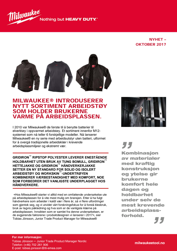 MILWAUKEE® INTRODUSERER NYTT SORTIMENT ARBEIDSTØY SOM HOLDER BRUKERNE VARME PÅ ARBEIDSPLASSEN