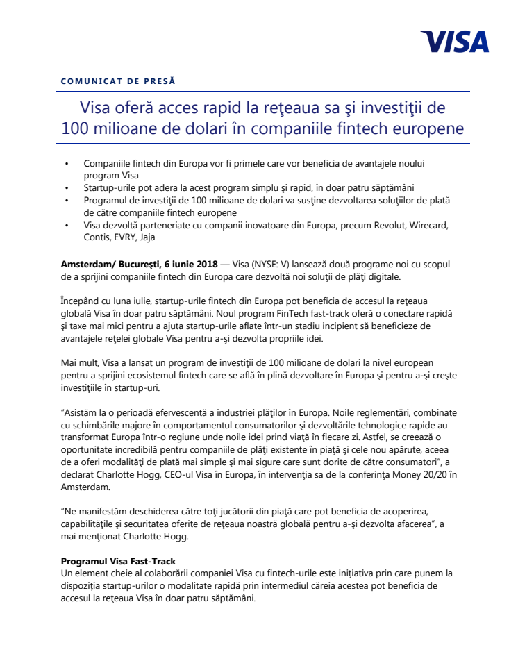 Visa oferă acces rapid la reţeaua sa şi investiţii de 100 milioane de dolari în companiile fintech europene