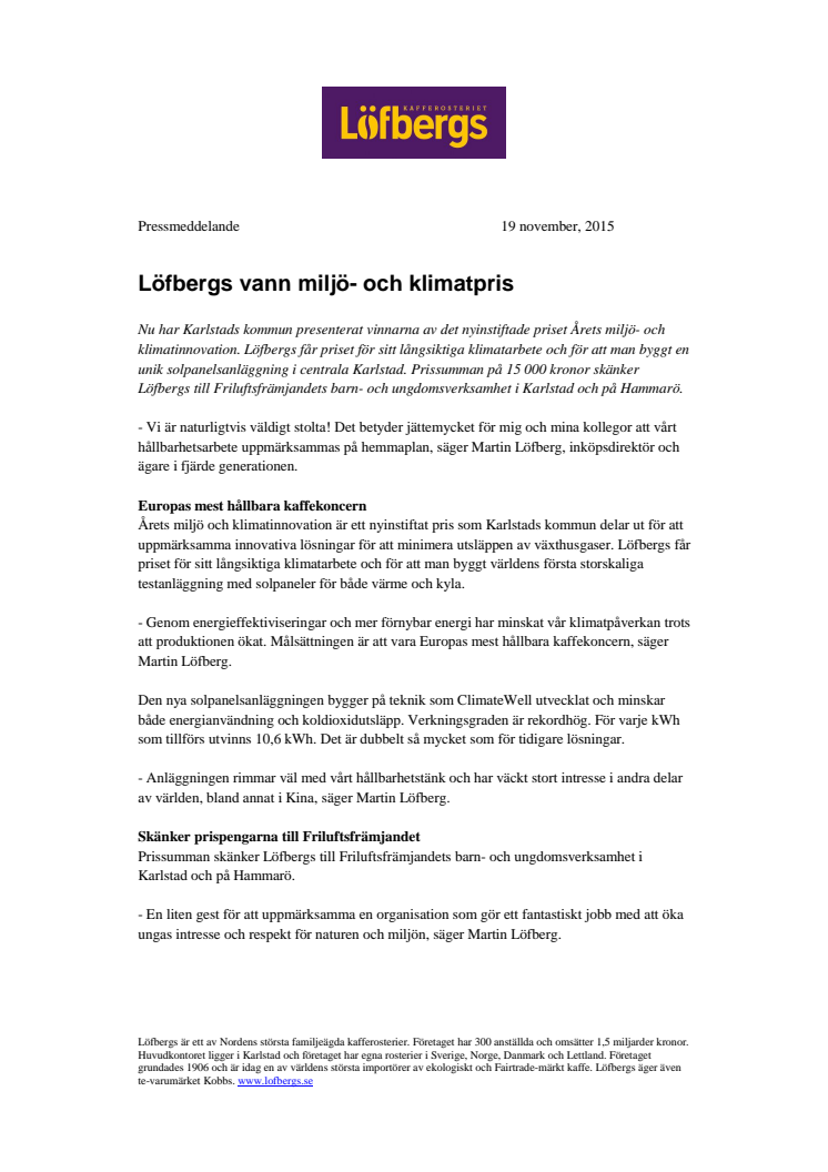 Löfbergs vann miljö- och klimatpris 
