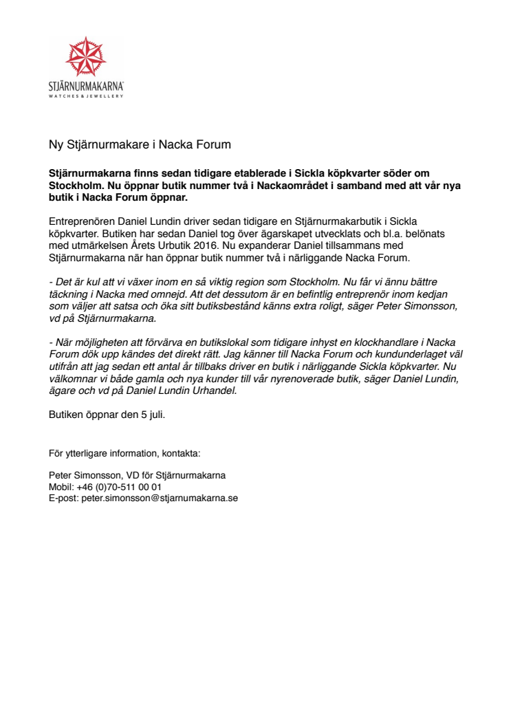 Ny Stjärnurmakare i Nacka Forum