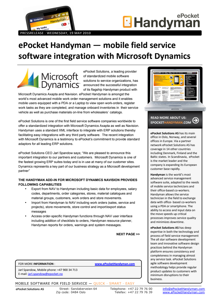 ePocket Handyman är nu integrerat med Microsoft Dynamics för mobil orderhantering.