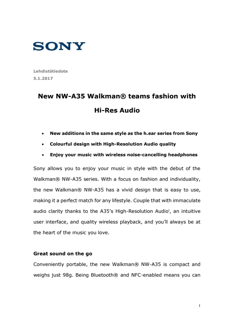 Uusi NW-A35 Walkman® yhdistää tyylin ja korkean resoluution äänentoiston