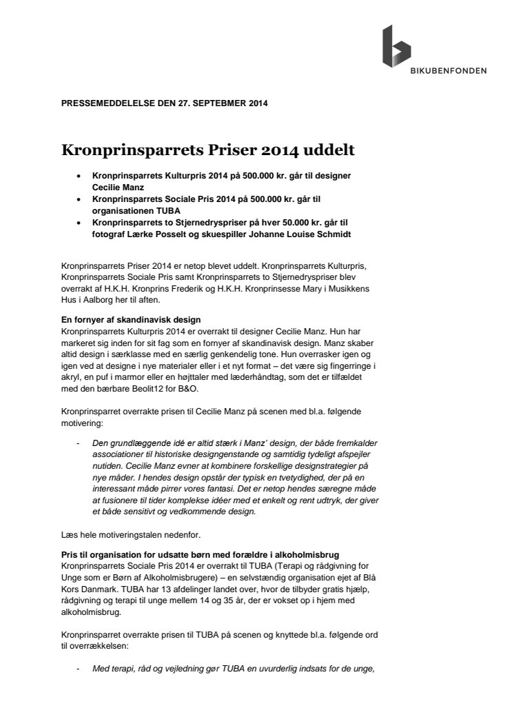 Kronprinsparrets Priser 2014 uddelt