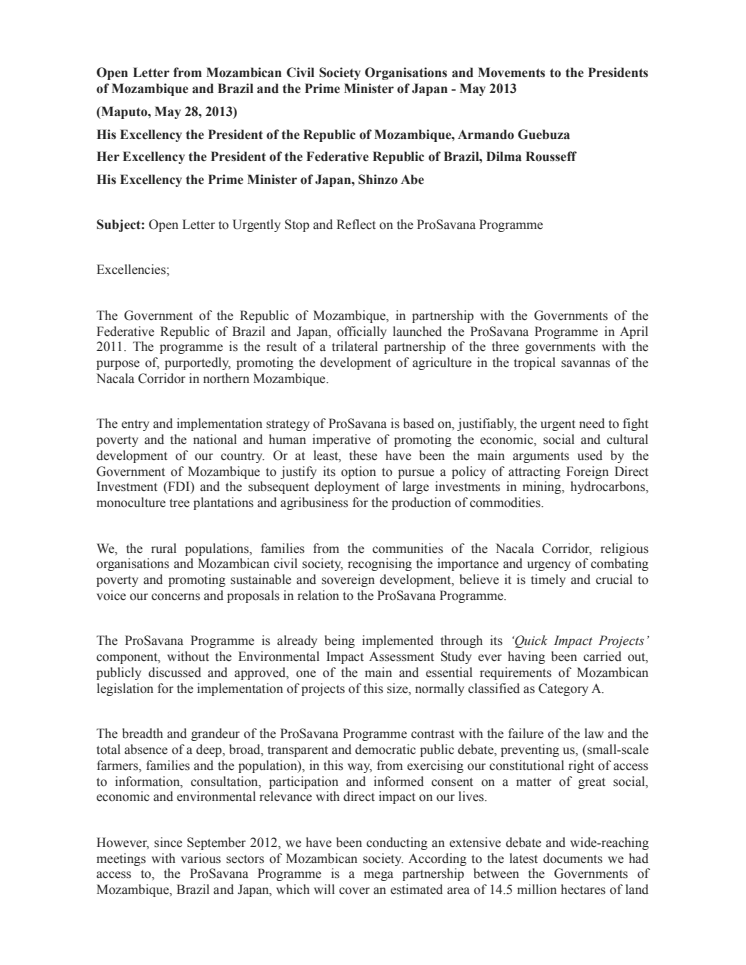 Öppet brev från organisationer och rörelser till Mocambiques myndigheter (engelska)